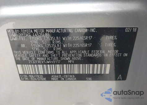 2018 Toyota Rav4 Le z USA, uszkodzony, nr VIN 2T3ZFREV1JW449117